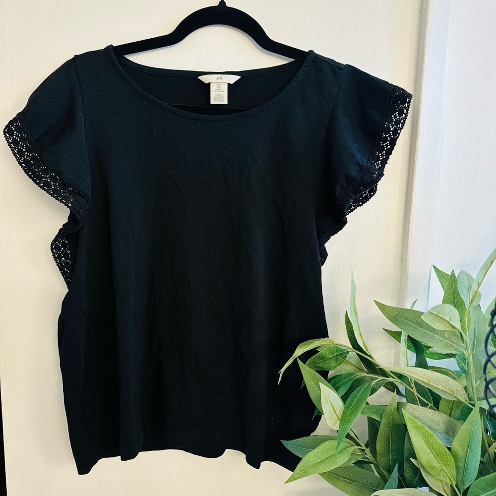 H&M Black Short Sleeve Top with Lace Detail